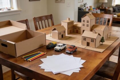 A small cardboard town with toy vehicles and pencils on a dining table beside a storage box.