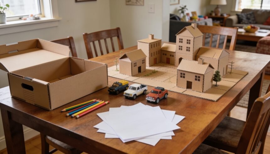 A small cardboard town with toy vehicles and pencils on a dining table beside a storage box.