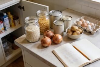 Pantry ingredients and an egg carton arranged beside a notebook on a kitchen bench.