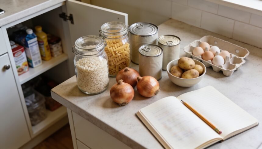 Pantry ingredients and an egg carton arranged beside a notebook on a kitchen bench.