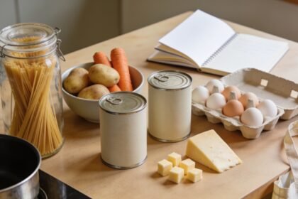 A small selection of dinner ingredients arranged beside a notebook on a kitchen table.