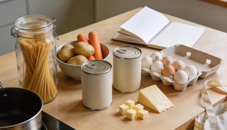 A small selection of dinner ingredients arranged beside a notebook on a kitchen table.