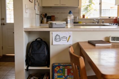 A schoolbag, unpacked lunchbox and picture reminder beside a family kitchen table in afternoon light.