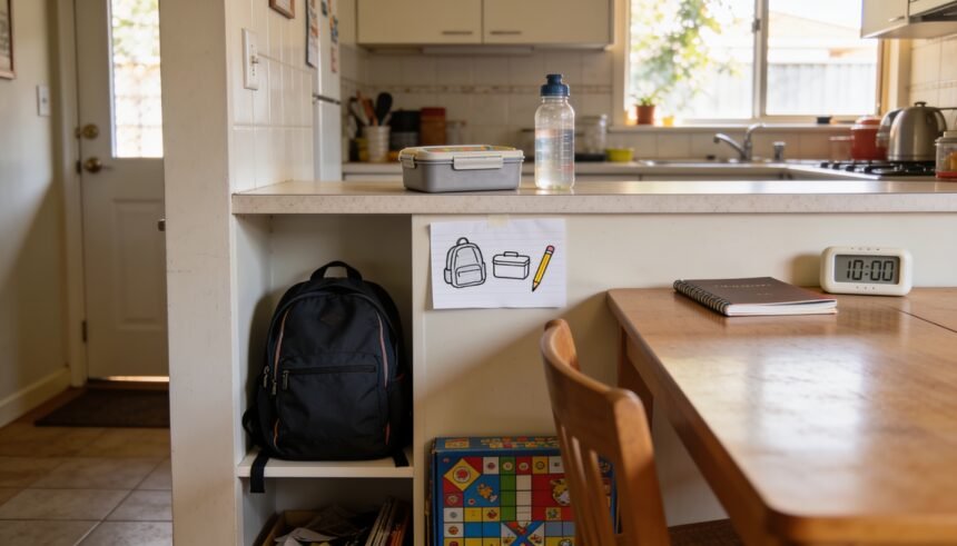 A schoolbag, unpacked lunchbox and picture reminder beside a family kitchen table in afternoon light.