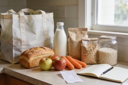 Everyday groceries beside a notebook and receipt on a kitchen bench, with cereal packets in two sizes.