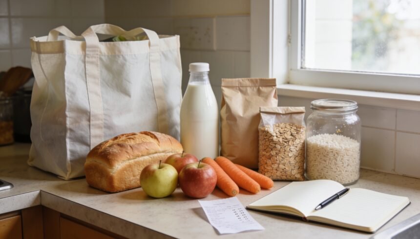 Everyday groceries beside a notebook and receipt on a kitchen bench, with cereal packets in two sizes.