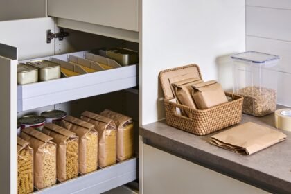 Pantry shelf with food packets at the front and matching spare stock in a shallow tray behind them.
