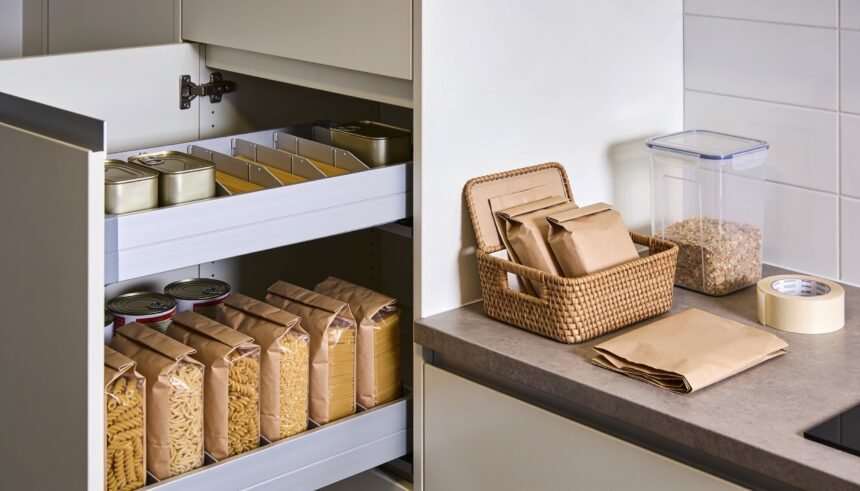 Pantry shelf with food packets at the front and matching spare stock in a shallow tray behind them.
