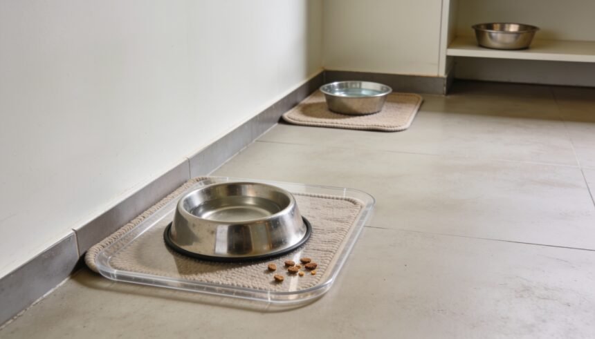 A dog food bowl on a removable mat with a few contained crumbs, and a separate water bowl further along the kitchen.