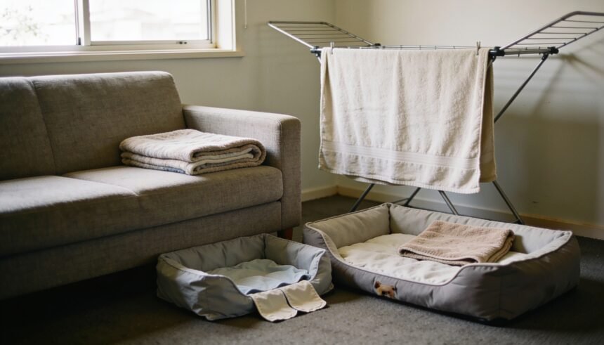 Pet bed, folded couch throw and walking towel on a drying rack in a compact living room.