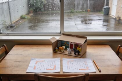 Pencil mazes and a box of toy animals on a dining table beside a rain-speckled window.