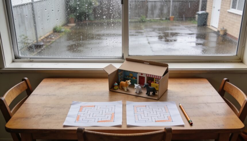 Pencil mazes and a box of toy animals on a dining table beside a rain-speckled window.