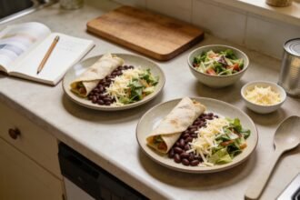 Simple filled wraps and dinner ingredients beside a notebook on a kitchen bench.