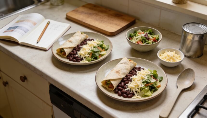 Simple filled wraps and dinner ingredients beside a notebook on a kitchen bench.