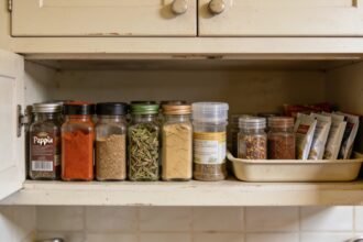 Mixed spice jars arranged on a kitchen cupboard shelf with refill packets kept separately.