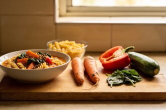 Vegetable odds and ends on a chopping board beside a bowl of vegetable and lentil pasta.