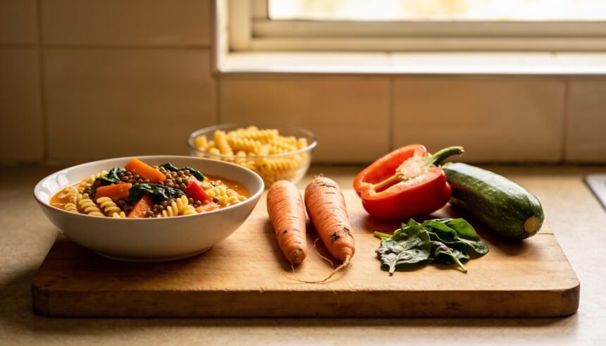 Vegetable odds and ends on a chopping board beside a bowl of vegetable and lentil pasta.