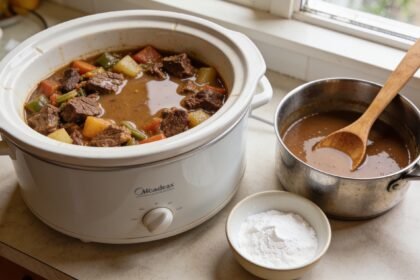 Slow cooker casserole beside a saucepan of thicker gravy and a small bowl of cornflour paste.