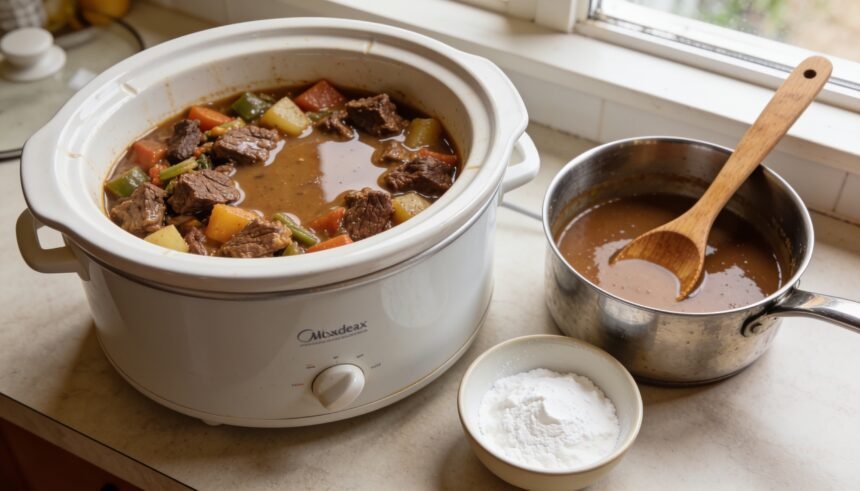 Slow cooker casserole beside a saucepan of thicker gravy and a small bowl of cornflour paste.