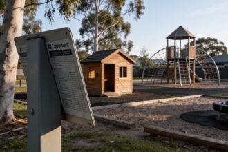 The back of an equipment sign beside a suburban playground with a playhouse and a separate climbing structure.