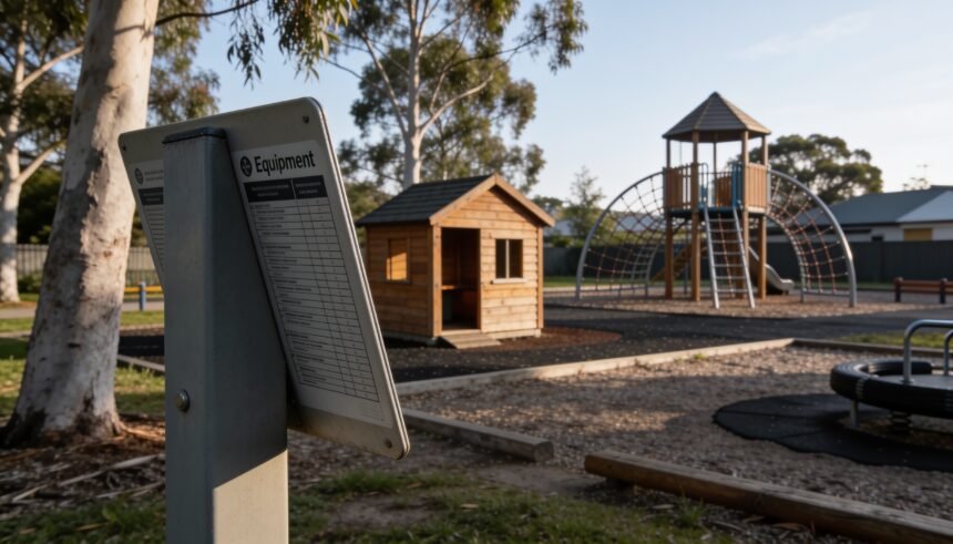 The back of an equipment sign beside a suburban playground with a playhouse and a separate climbing structure.
