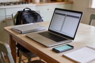 Laptop, smartphone and document folder arranged on a dining table for household admin.