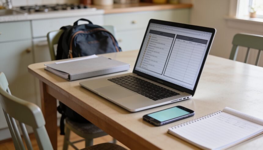 Laptop, smartphone and document folder arranged on a dining table for household admin.