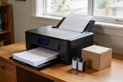 A home inkjet printer beside a plain delivery box and replacement ink cartridges on a timber desk.