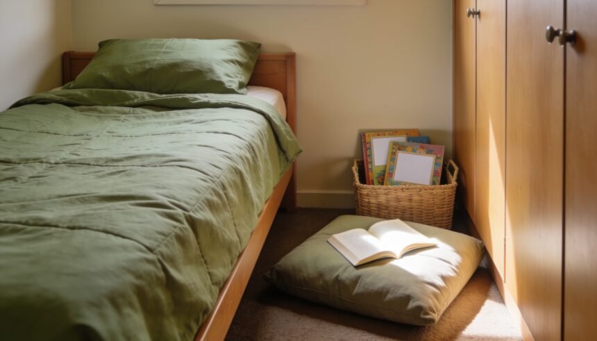 Floor cushion and book basket beside a single bed, with space to reach the bedroom door and wardrobe.