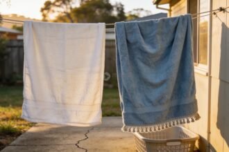 White and blue cotton bath towels hanging on a backyard clothesline above an empty laundry basket.