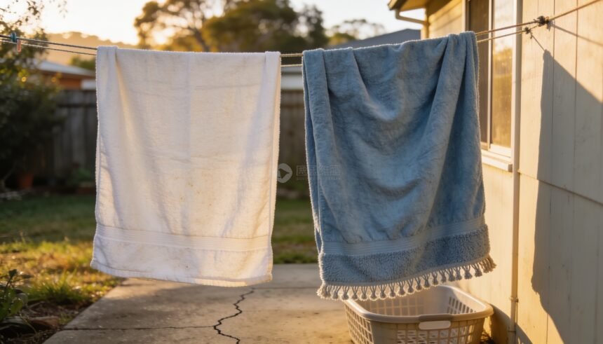 White and blue cotton bath towels hanging on a backyard clothesline above an empty laundry basket.