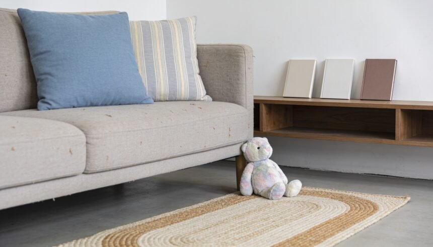 Cushions, books and a patterned rug in a lounge room ready for a spoken scavenger hunt.