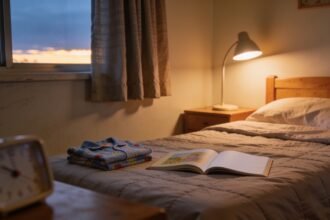 Pyjamas and a picture book beside a child's bed, with curtains partly drawn against evening daylight.