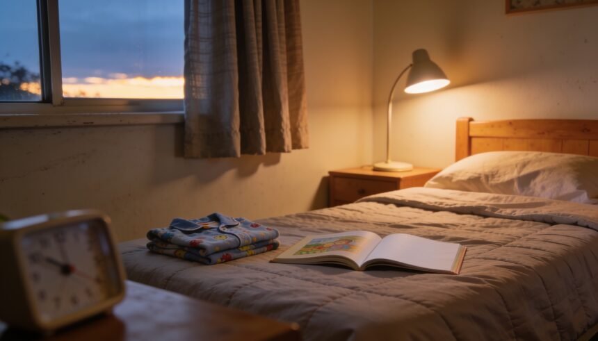 Pyjamas and a picture book beside a child's bed, with curtains partly drawn against evening daylight.