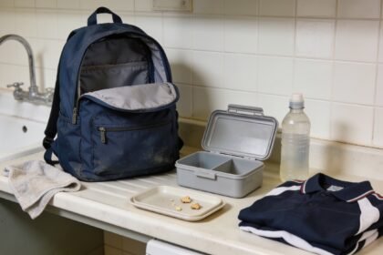 An empty open school backpack beside a lunchbox, drink bottle, sports shirt and cleaning cloth on a laundry bench.