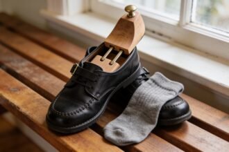 Black leather school shoes beside grey socks, with a wooden adjustable stretcher inside one shoe.