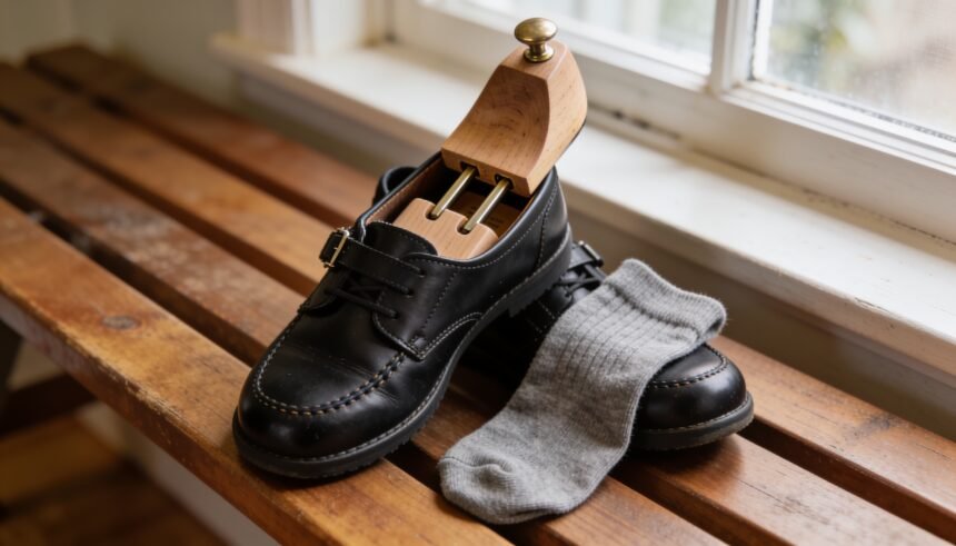 Black leather school shoes beside grey socks, with a wooden adjustable stretcher inside one shoe.