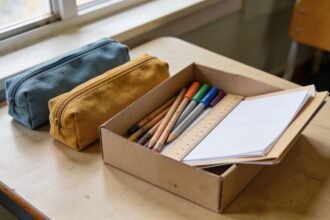 A small box of spare pencils, markers and paper beside two separate school pencil cases.