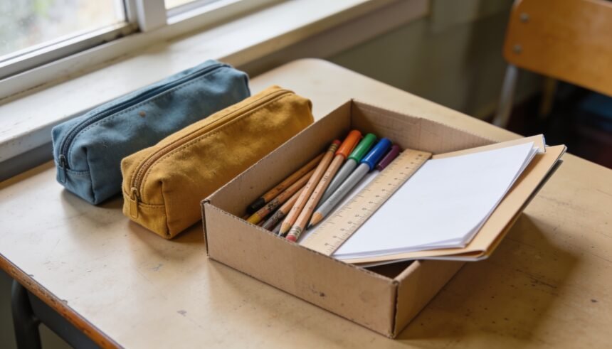 A small box of spare pencils, markers and paper beside two separate school pencil cases.