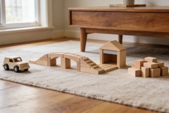 Wooden blocks arranged as an unfinished bridge and garage beside a toy vehicle on a rug.