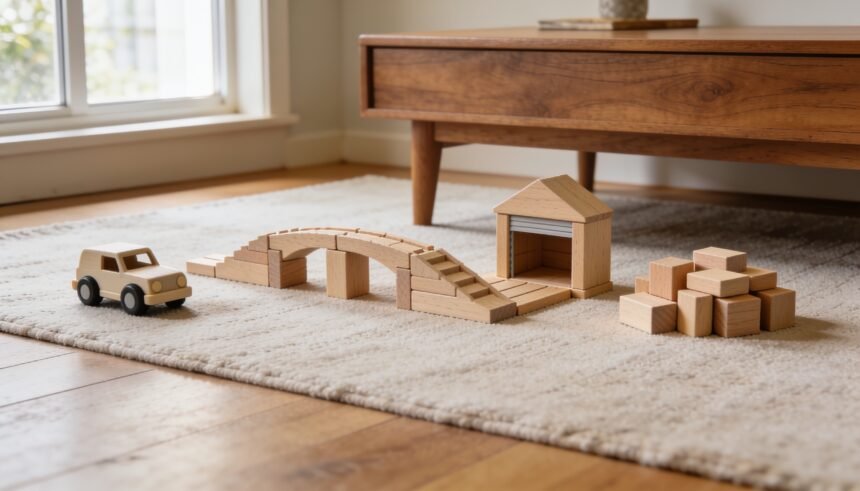 Wooden blocks arranged as an unfinished bridge and garage beside a toy vehicle on a rug.