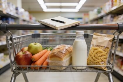 A modest trolley of everyday groceries with a notebook and pen resting on its handle.
