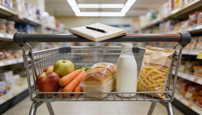 A modest trolley of everyday groceries with a notebook and pen resting on its handle.