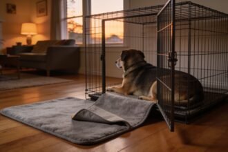 An open dog crate with a grey mat partly outside the doorway and a relaxed dog resting inside.