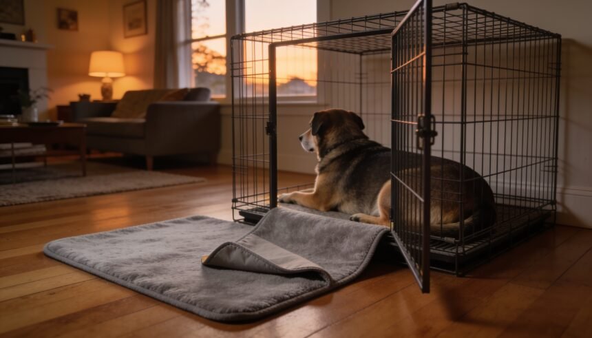 An open dog crate with a grey mat partly outside the doorway and a relaxed dog resting inside.