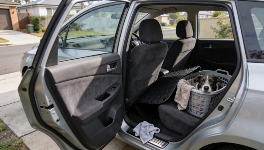 Removable dog seat cover and towel taken out beside an open car door for cleaning.