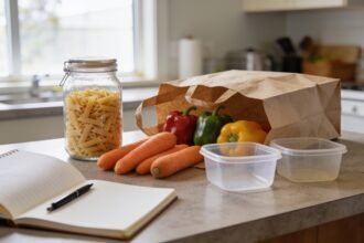 Vegetables, pasta and food containers beside a notebook on a kitchen bench ready for meal planning.