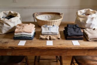 Children's clothes grouped by size on a dining table between two reusable bags and an empty selection basket.