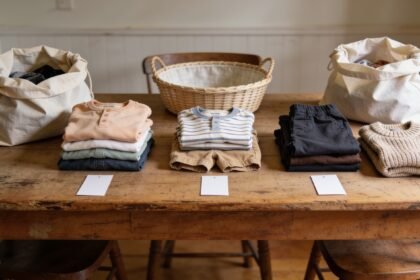 Children's clothes grouped by size on a dining table between two reusable bags and an empty selection basket.