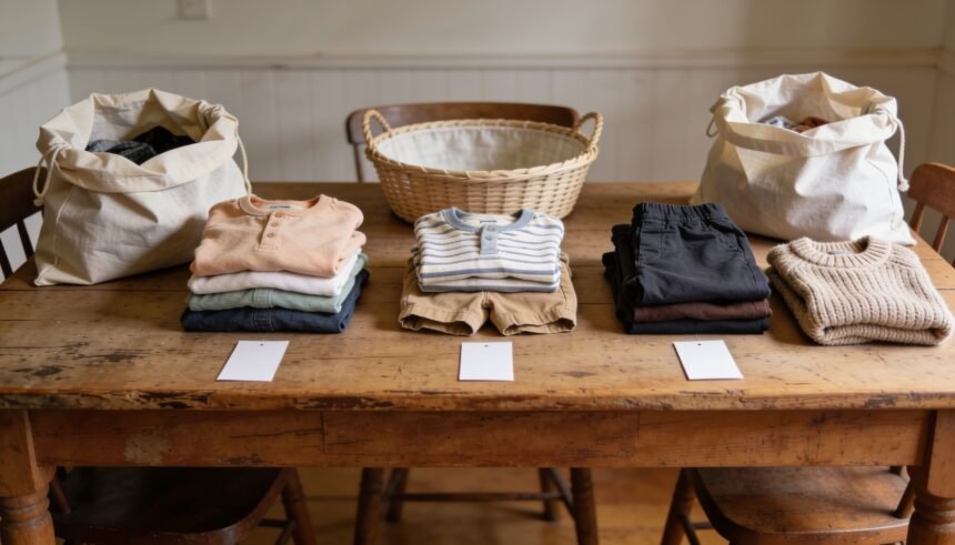 Children's clothes grouped by size on a dining table between two reusable bags and an empty selection basket.
